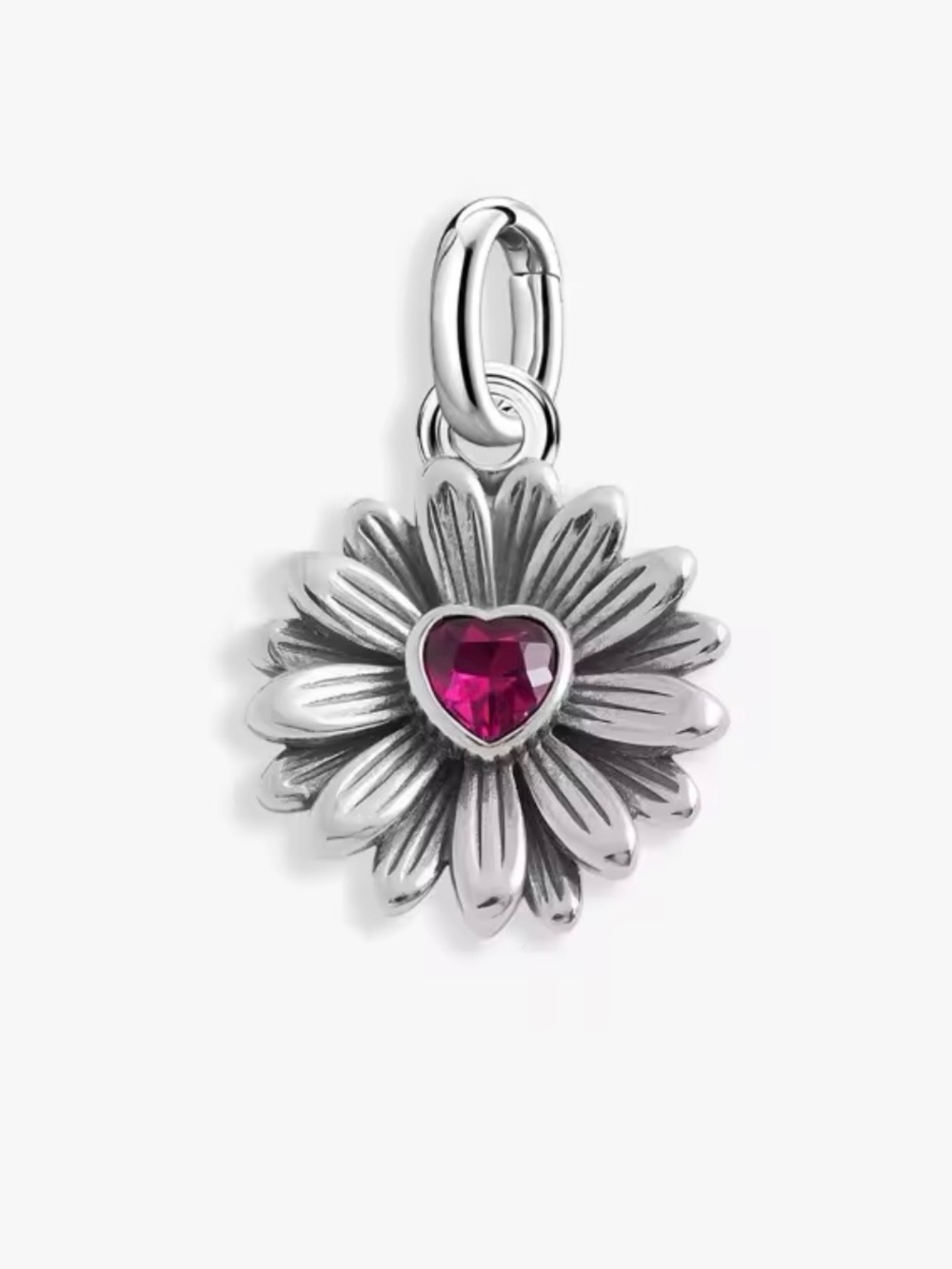 Sterling Daisy Heart Charm with Pink Gem
